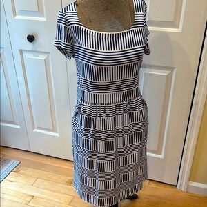 J. McLaughlin royal blue and white asymmetrical stripe cap sleeve Midi Dress